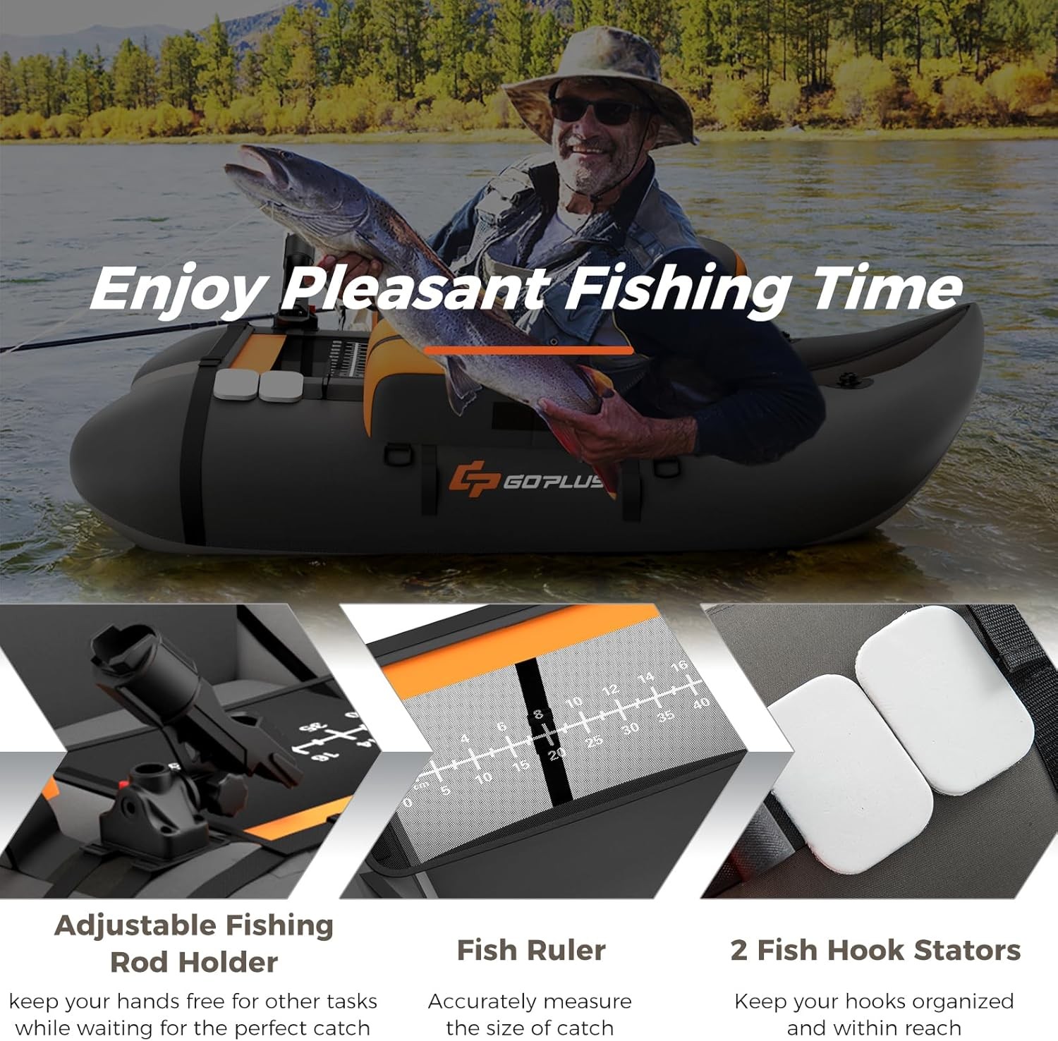 Goplus Inflatable Float Tube, Fishing Belly Boat with Fish Ruler, Pump, Storage