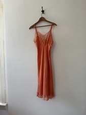 1930s 40s Vibrant Orange Bias Cut Rayon Lingerie Slip Dress Lace Trim Midi XS