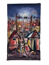 HAITIAN Folk Street Village Art 22.5" x 13.5" Original Modernist Primitive