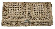 Bolso sin asas vintage de mujer beige macramé, forrado, cierre a presión hecho en Italia PO