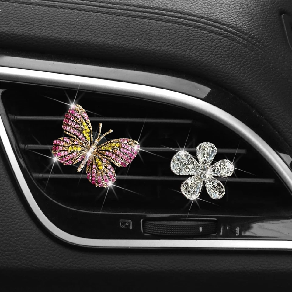 2Pcs Pink Bling Butterfly Silver Daisy Flower Car Air Vent Clips,Rhinestone Car - Image 3 of 4