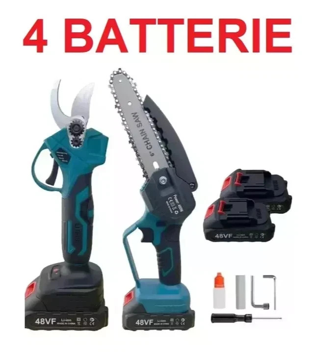 Offerta Kit Potatura a Batteria: Cesoie + Motosega + 4 Batterie 48V