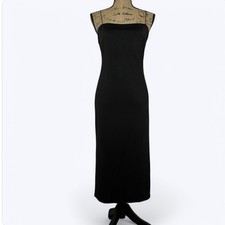 Mi Ami Fitted Black Midi Dress Sz M Spaghetti Straps Side Slit Y2K Vamp Goth LBD