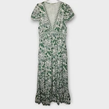 Max Studio Flutter Sleeve Tiered Maxi Dress M Green Toile Print