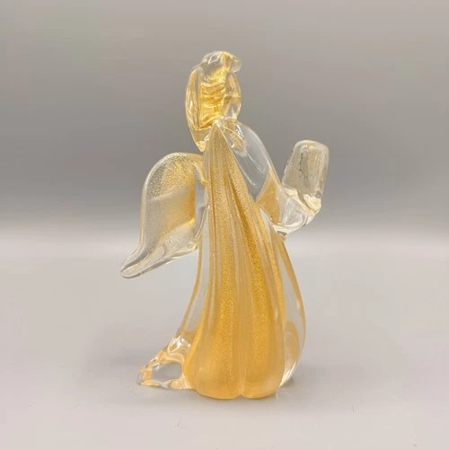 Vintage Italian Art Glass Angel Figurine Gold Aventurine Murano Label