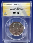1964 KENNEDY SILVER HALF DOLLAR ~ ANACS MS 62 ~BEAUTIFUL COIN~