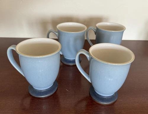 Set (4) Denby STORM /  BLUE JETTY Footed Handled Mugs 4 1/8” MADE IN ENGLAND