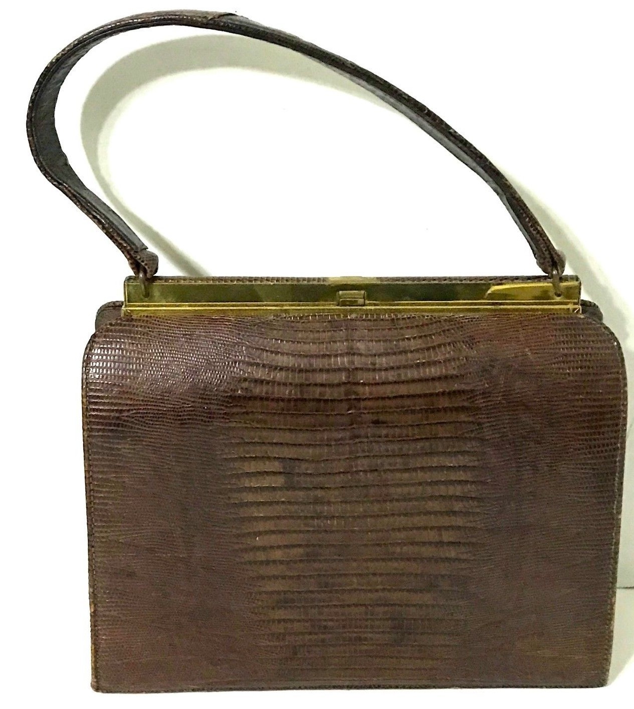 Vintage Bellestone Snakeskin Handbag 1950's Kelly Bag Brass Framed
