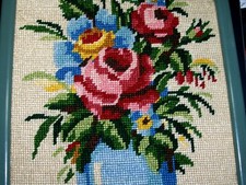 PARIS FRANCE Margot Creations Complet Art Needlepoint 1960 Red Roses Vase Framed