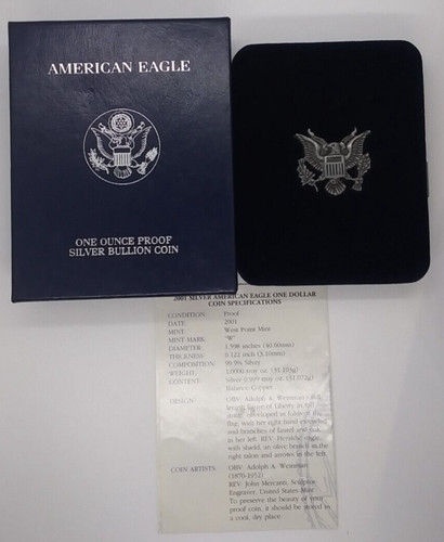 2001 ASE AMERICAN SILVER EAGLE Proof Dollar Box & COA NO Coin