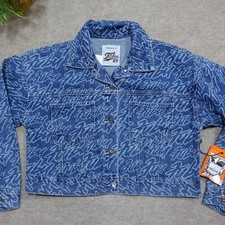 Fubu Print Denim Jacket Size Small Button Up Long Sleeve With Collar Cropped Hem