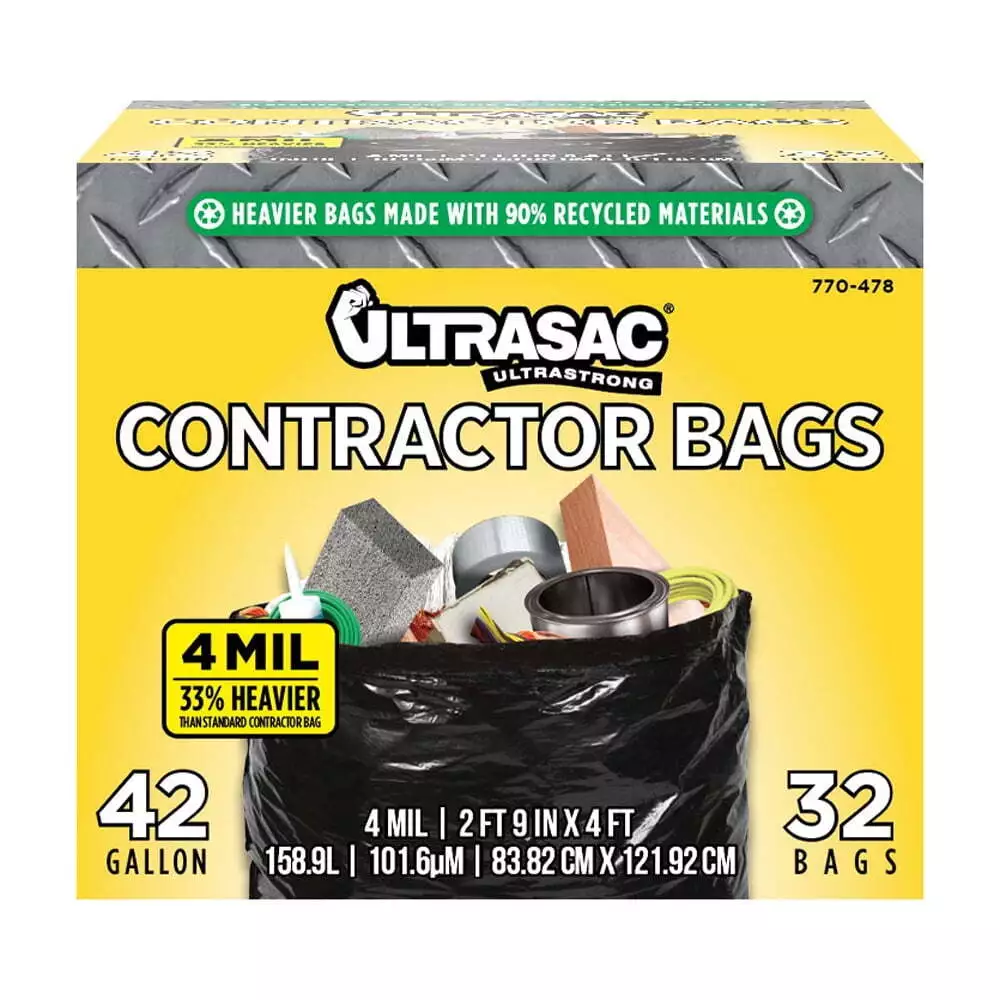 Extra Heavy Duty Contractor Bags, 42 Gallon, 4 Mil, 48 x 33, Black, 32  Count