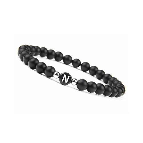 US Initialen Armband 6mm matt schwarz Onyx Buchstabenarmband Alphabet Paar Unisex - Bild 24 von 36