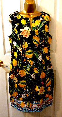 Boston Proper Sz 12 Dress Tuscany Flower Lemon Hem Portugal Zip V-neck Slit Back