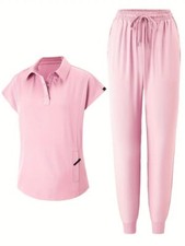 Women Nurse Work Uniforms Workwear Top and Pants Scrub Set Multi Pocket Pant