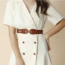 Women's Real Leather Waist Belt Gold Double-buckle Elastic Stretch Waistband