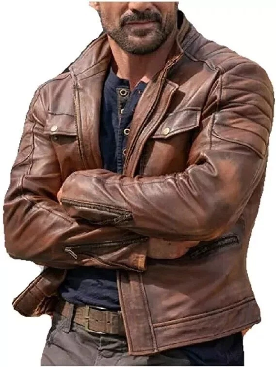 Frank Grillo Boss Level Jacket | Brown Biker Leather Celebrity Men's Coat