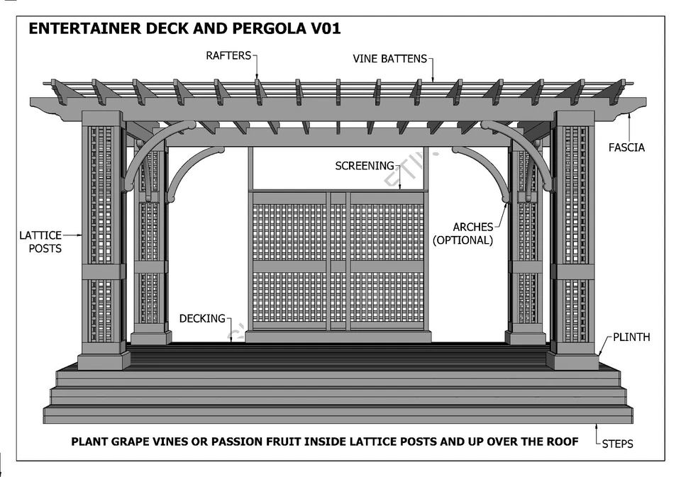 OUTDOOR ENTERTAINER DECK & GRAPE VINE PERGOLA / PATIO - V01  (Building Plans) - Image 3 of 4