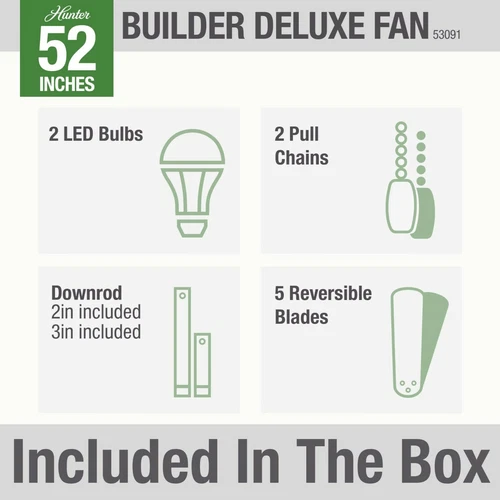 Hunter 52" Builder Deluxe Traditional Casual Ceiling Fan w/ Light and Pull Chain - Picture 25 of 30