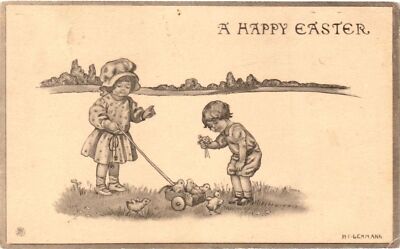Vintage Postcard- A HAPPY EASTER, TWO CHILDREN WITH A CART FULL OF CHICKS