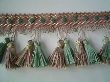 3" Tassel Fringe Trim dusty rose, Green and Soft Gold have Matched Braid