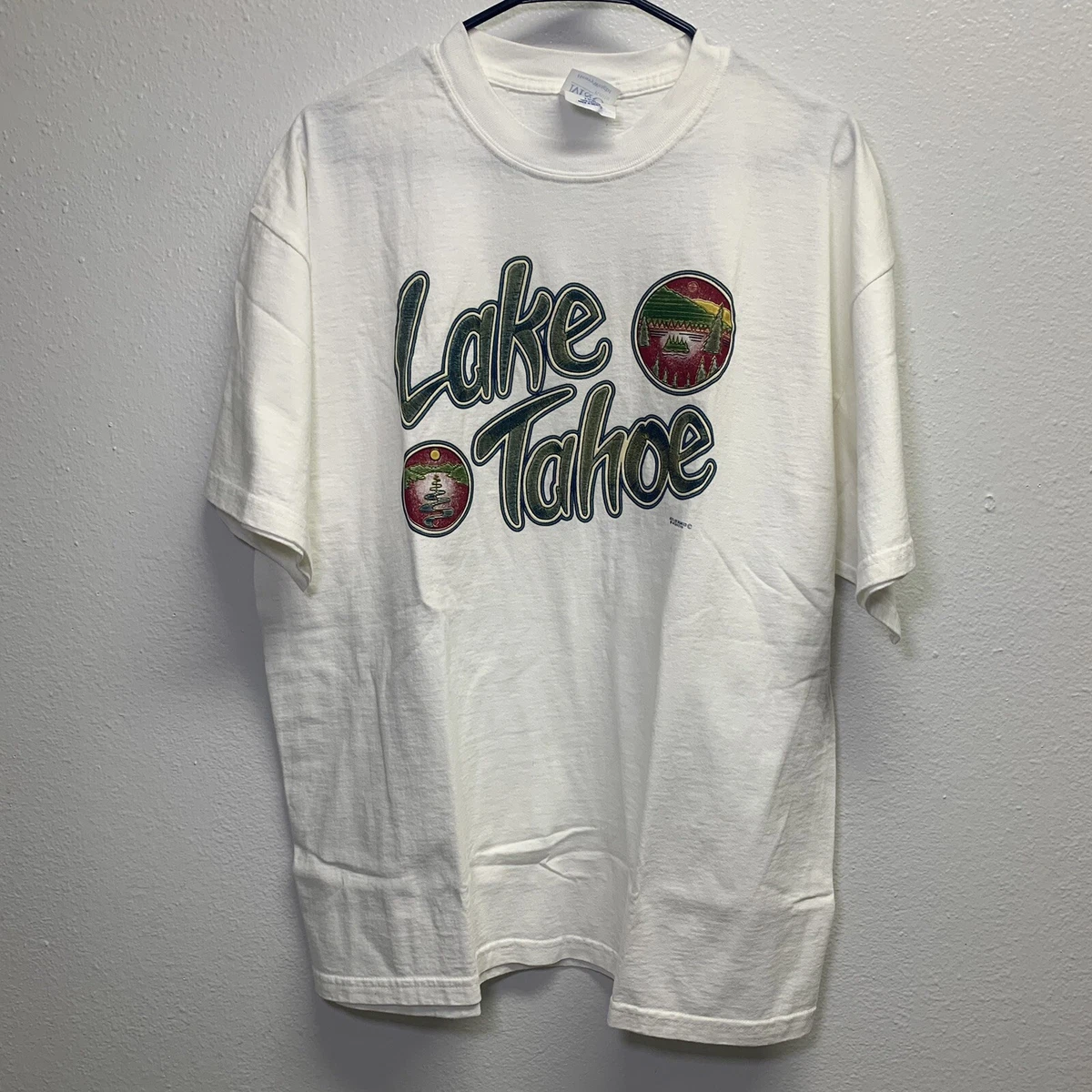 Vintage M&O Knits Adult Size XL White Green Lake Tahoe Graphic T-Shirt Mens