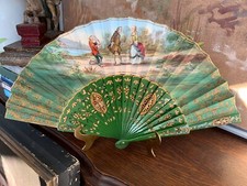 French Victorian 19thC Ladies Silk Fan Artist Signed Green  Gold Circa 1870