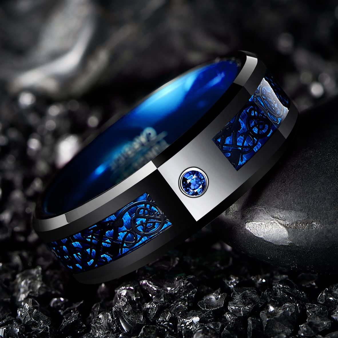 Cool 8mm Blue Black Celtic Dragon Ring – Stainless Steel Wedding Band For Men & Women, Beveled Edges, Hypoallergenic, Size 13 - View #13