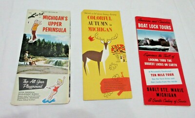 Vintage 1950s MICHIGAN Map And Travel Guide Lot (3) SOO LOCKS *UP *COLOR TOUR