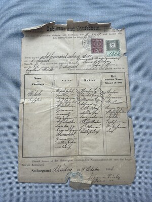 1884 Document KK Baptismal Certificate 