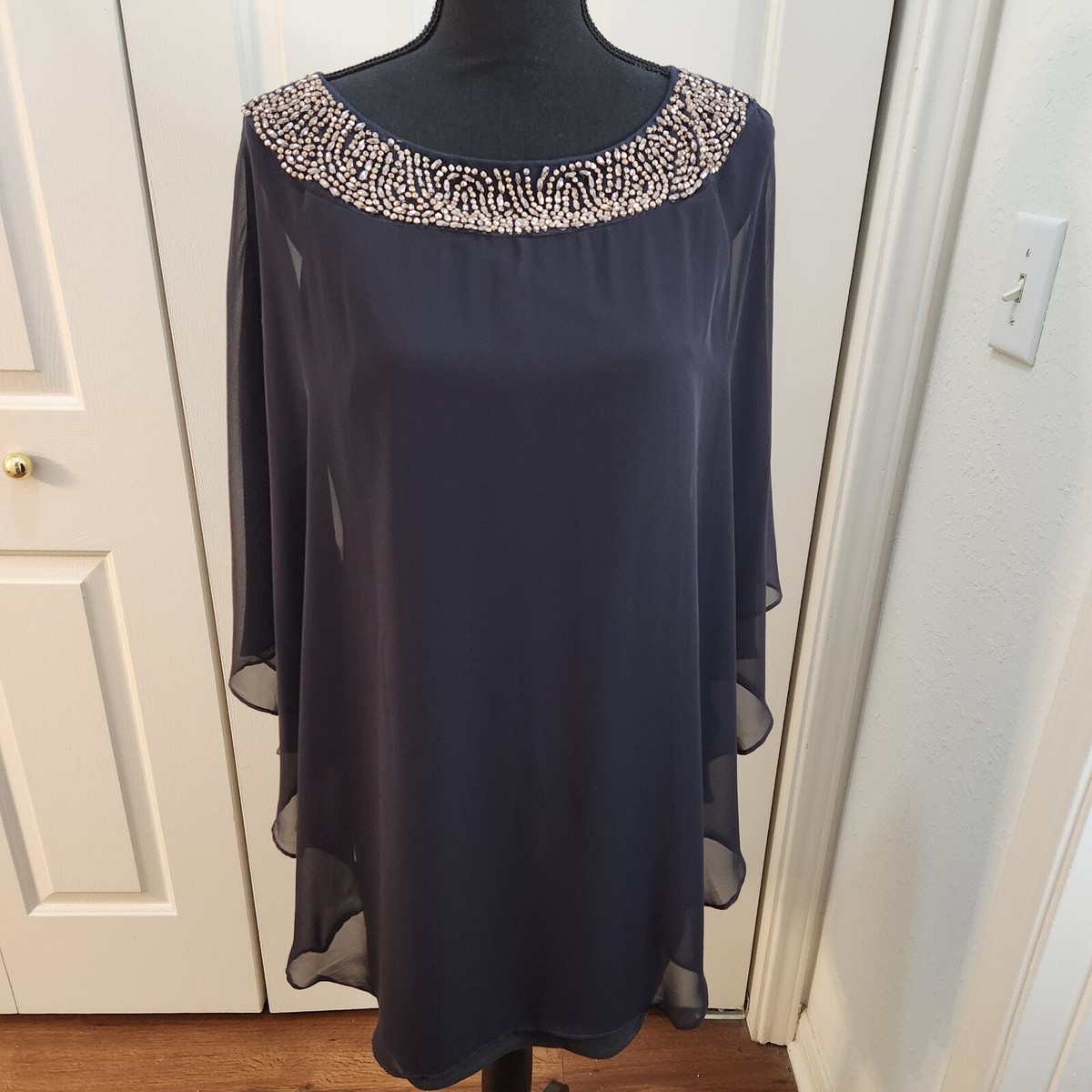 XSCAPE Petite Embellished-Neck Dress & Overlay Black 10P