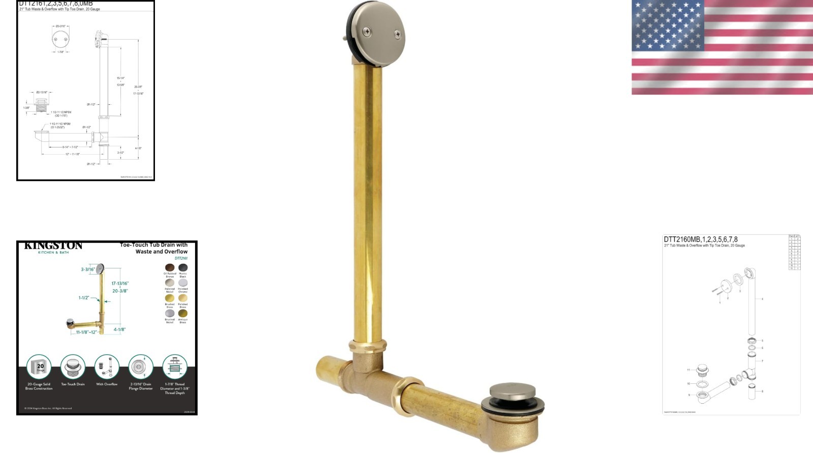 как выглядит Tip-Toe 21" Tub Waste Overflow Drain - Timeless Brass Design in Brushed Nickel фото