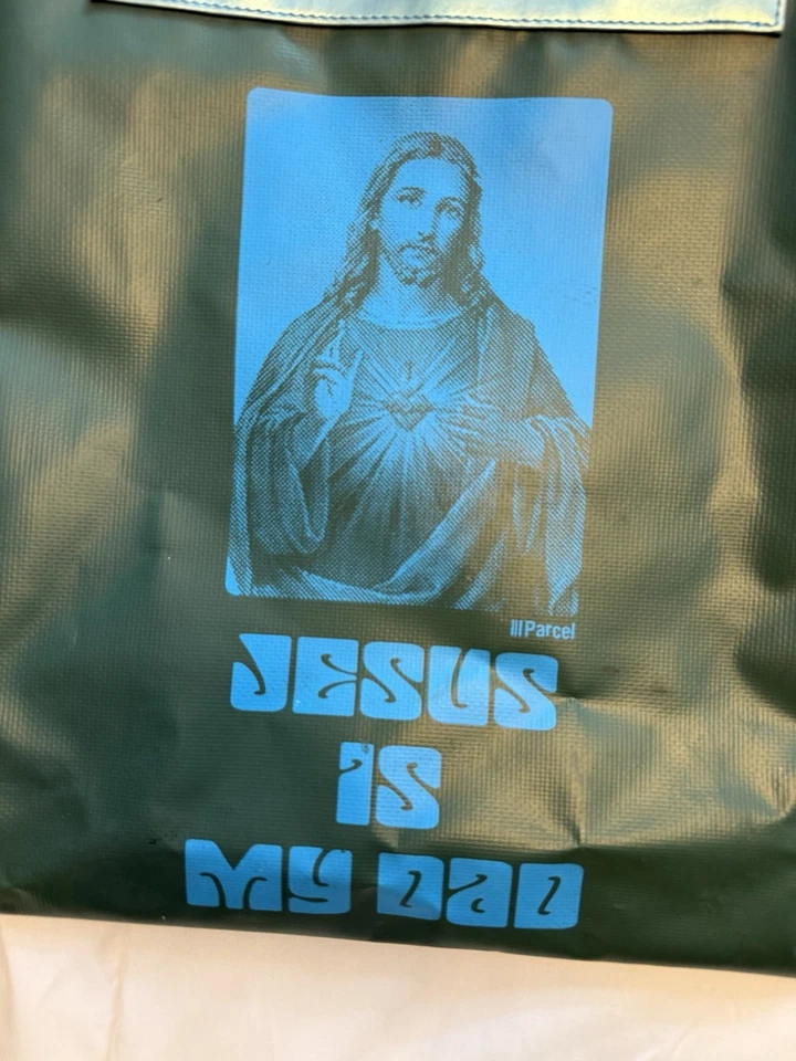 III посылка зеленый синий наплечная сумка с короткими ручками y2k винтажный Иисус мой папа слоган значок - Изображение 2 из 4