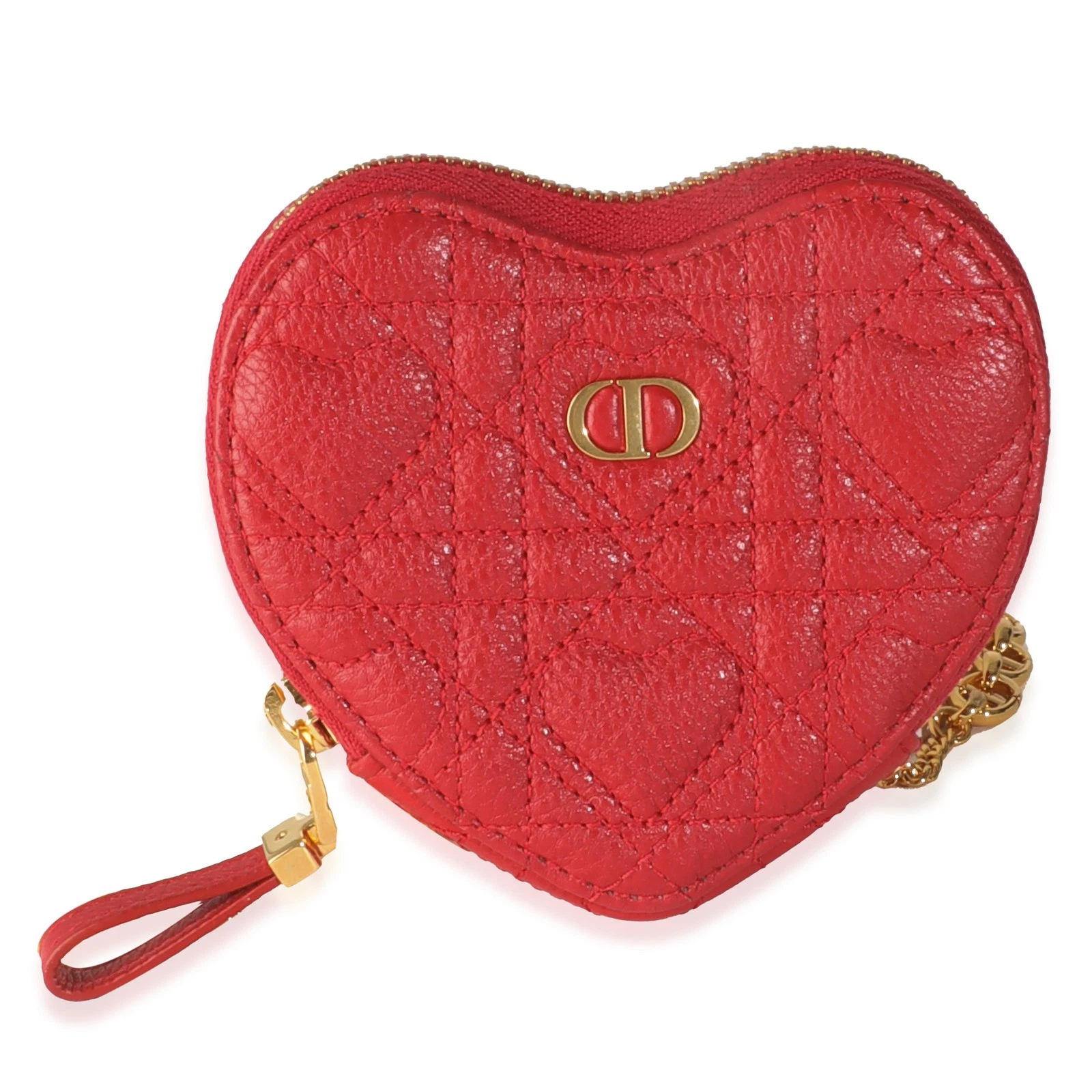Pochette coeur Christian Dior rouge matelassé en veau dioramour caro avec chaîne