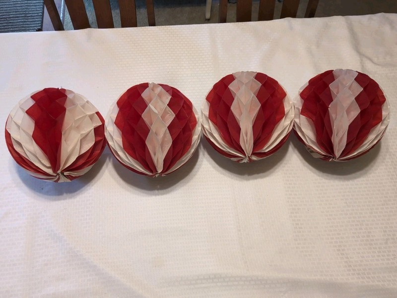 (4) Vintage Red & White 11" Round Honeycomb/Accordion Decorations