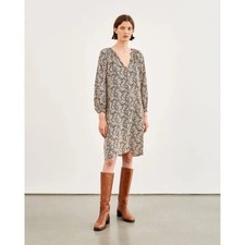 NILI LOTAN Rosalin Dress In Fall Leaf Size XS Brown Cream Silk Long Sleeve Chic