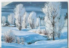 NOS LEANIN' TREE Christmas Card 7.25x5.5 TRAIN Mountains Railroad People Tree