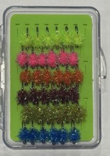 36ea Krystal Flash Estaz Egg Flies, #8 Hook, 6 Colors of 6 Each w/Flybox.