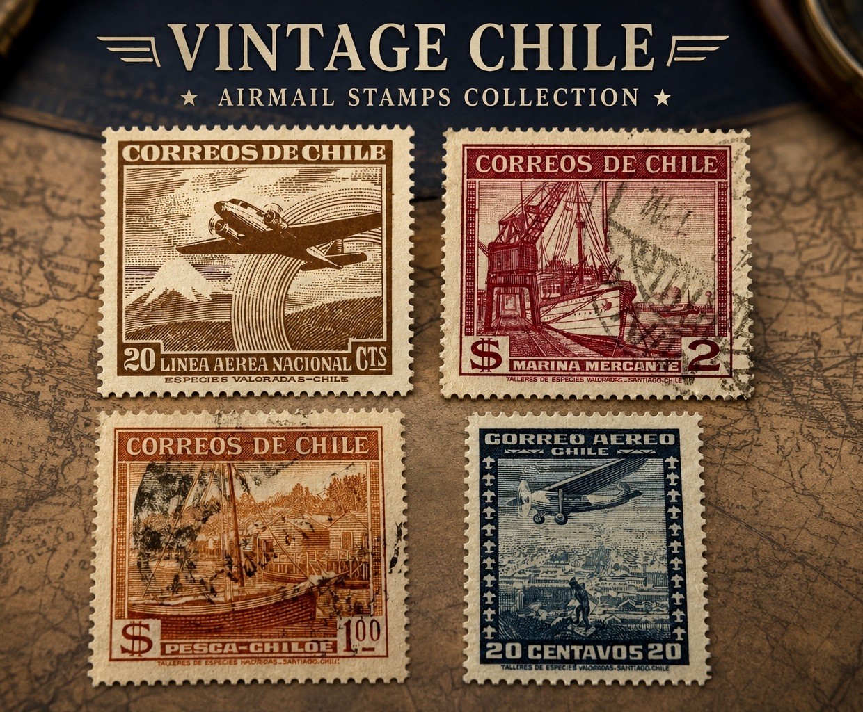 Vintage Chile Used Stamp Lot of 4 Air Mail & Scenic Correos de Chile Stamps