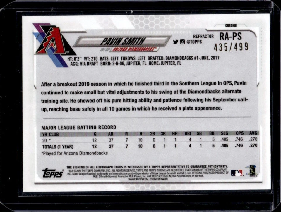2021 Topps Chrome Pavin Smith Rookie Auto RC Refractor #435/499 Diamondbacks - Image 2 of 2