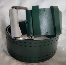 Faux Leather Green 2.5 inch Wide Belt Vegan Pierced Leather 38 inch Long