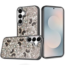 For Samsung S25 FE Case Full Glitter Flakes w/ Cute Butterflies  Tempered Glass