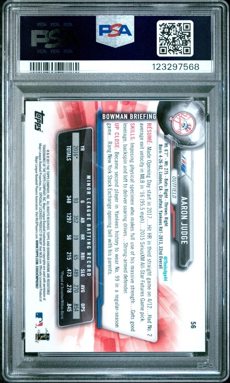 2017 Bowman Chrome #56 Aaron Judge Batting Yankees RC Rookie PSA 10 GEM MINT view 2