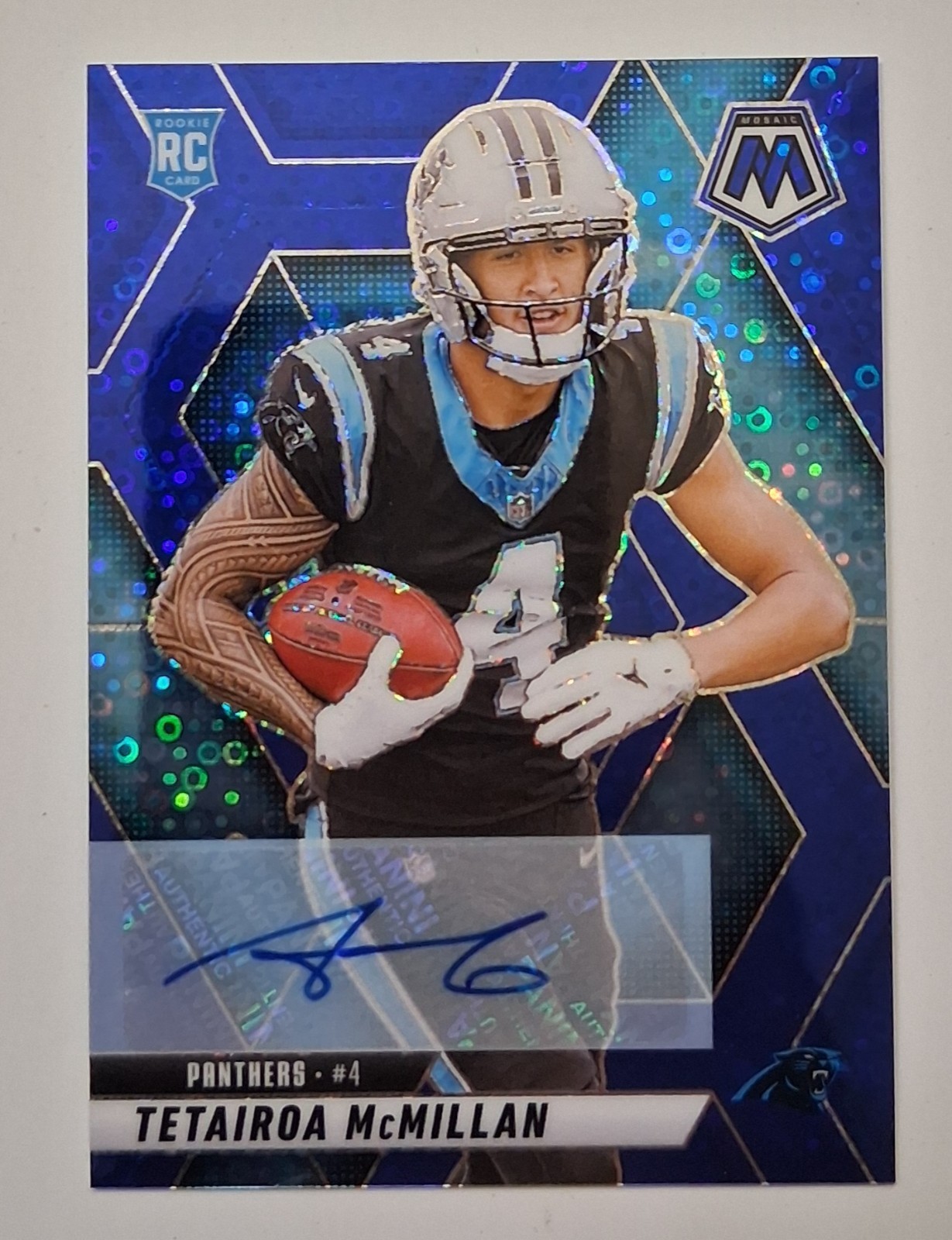 🔥 Rare Tetairoa McMillan 2025 Mosaic Blue No Huddle RC Auto #309 SSP / Panthers