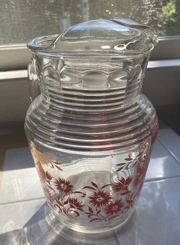 Vintage Antique Retro Kitchen Glass Pitcher Red Gold Flowers Handle 50s 60s MCM