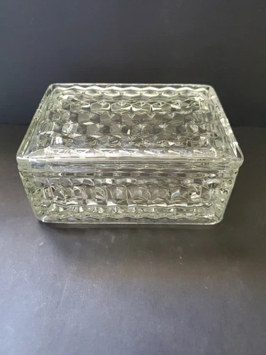 Vintage Fostoria American Cubist Clear Glass Cigarette Trinket Box W/Lid