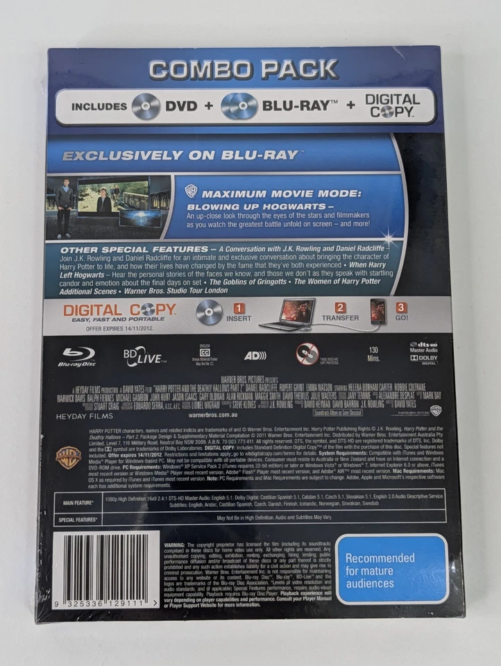NEW/SEALED 4DISC [HARRY POTTER/DEATHLY HALLOWS PART 2 BLU-RAY +DVD]#R B[TRACKED] - Image 2 of 4
