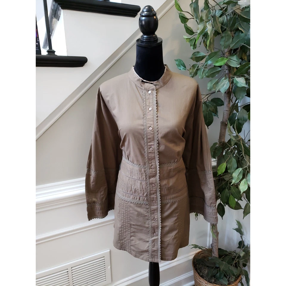 Cato Woman 22/24W Brown Cotton Pintuck Tunic Blouse Lace Trim Long Sleeve Top