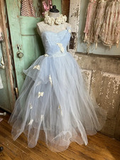 Vintage Blue Tulle Lace Prom Dress