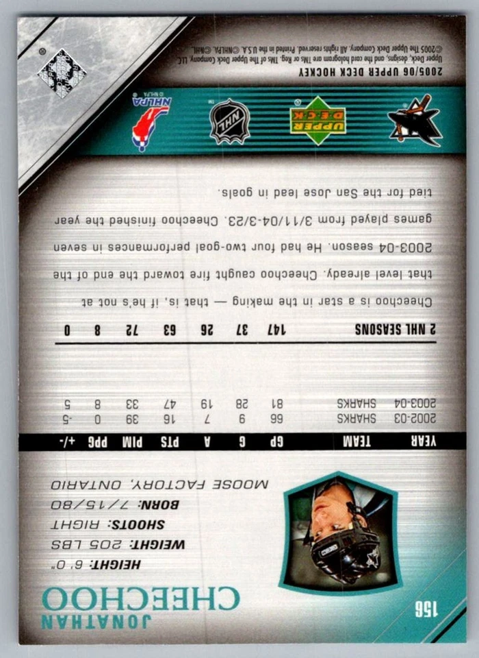 2005-06 Upper Deck Jonathan Cheechoo San Jose Sharks #156 - Image 2 of 2